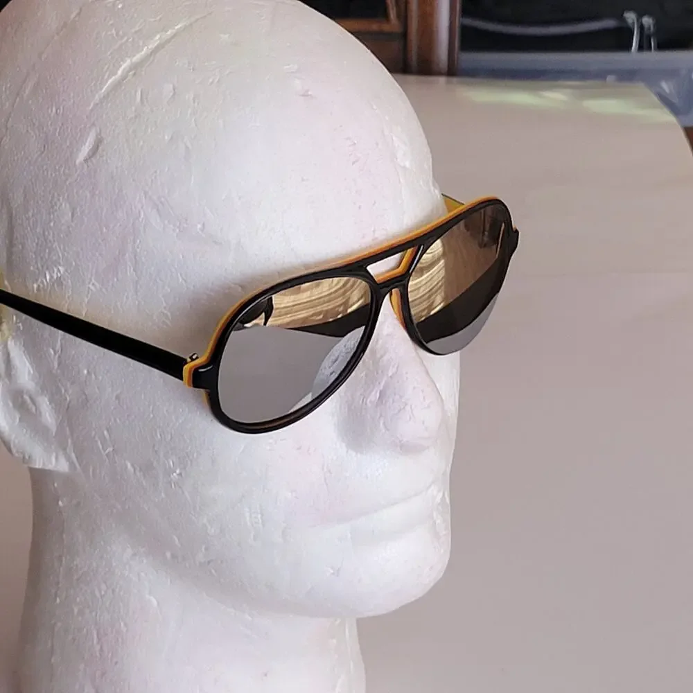 Vintage SKI OPTIKS Aviator Sunglasses Black Yellow Unisex Mirrored France Made